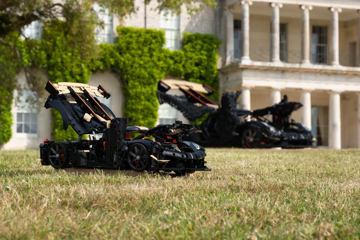 Image of the 1:8 SKU and 1:1 LEGO Technic big build infront of Goodwood House showing Ghost Mode