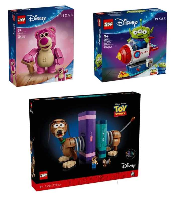 Featured image for article: Three New Toy Story Sets Land in May: Slinky Dog Bookends, Pizza Planet Alien, and Lotso