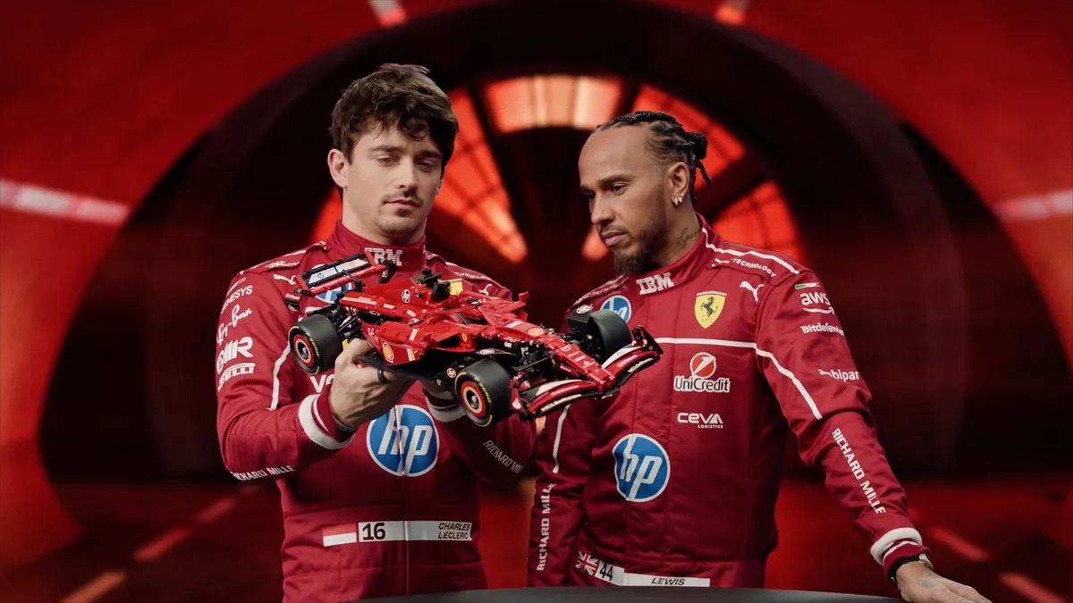 Lewis Hamilton and Charles Leclerc with a LEGO Technic Ferrari